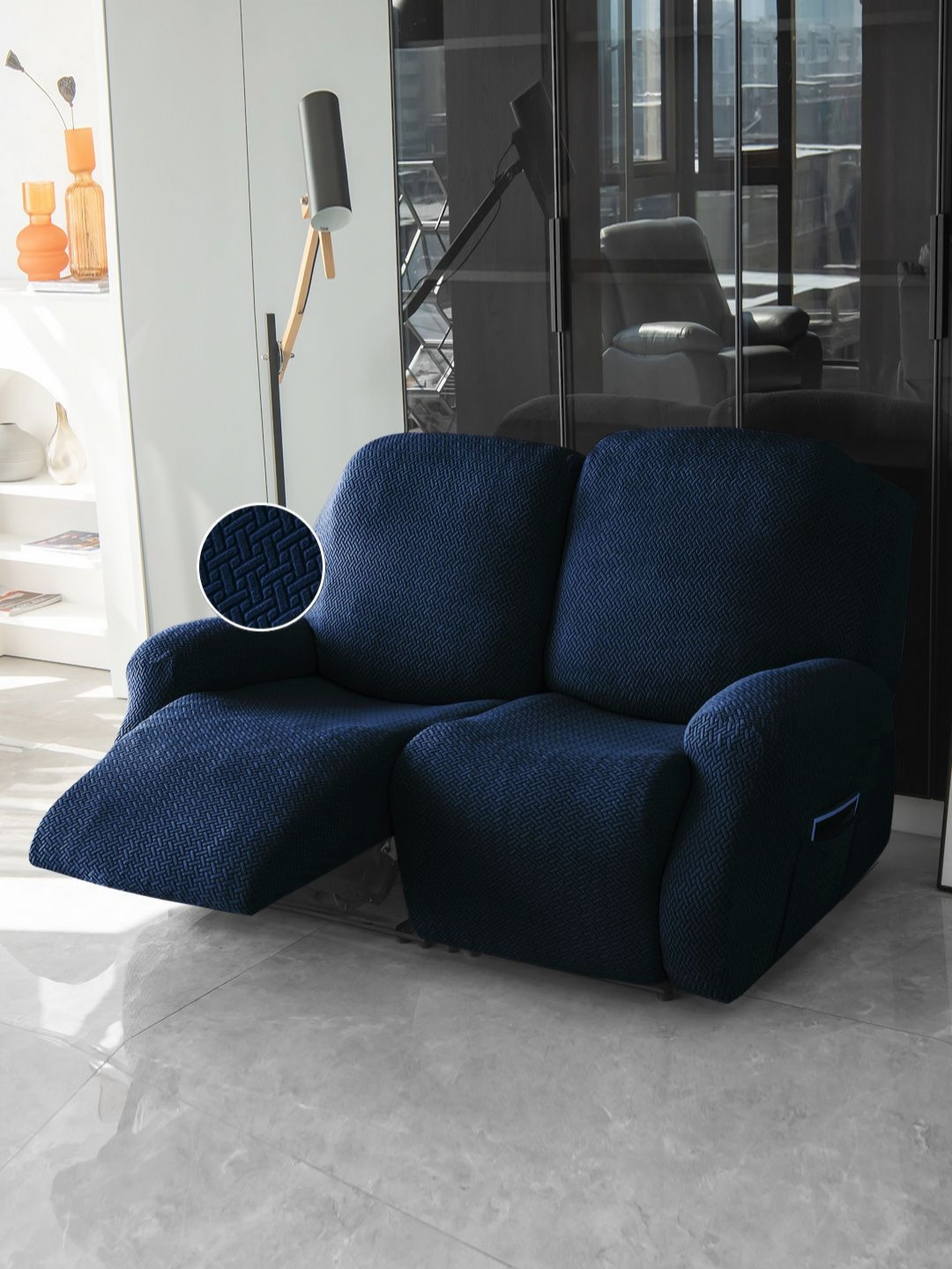 HOKIPO Navy Blue 2-Seater Recliner Jacquard Sofa Cover with Arms