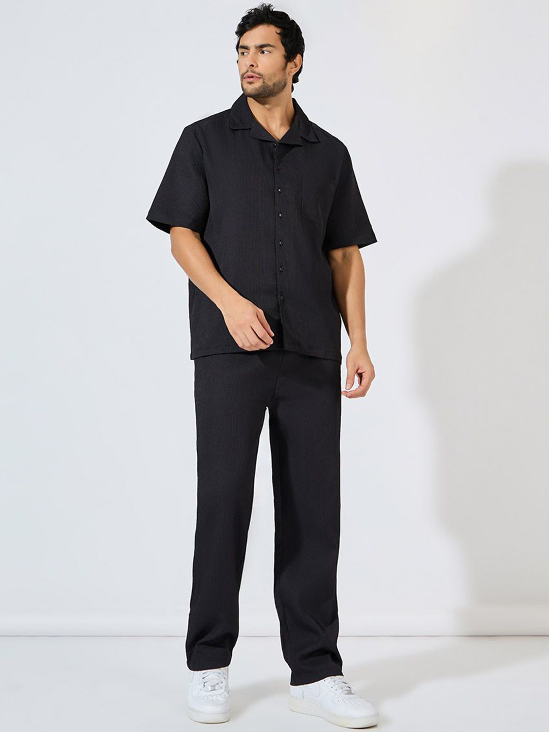 Men Textured Relaxed Fit Resort Collar Shirt & Trouser Co-Ords