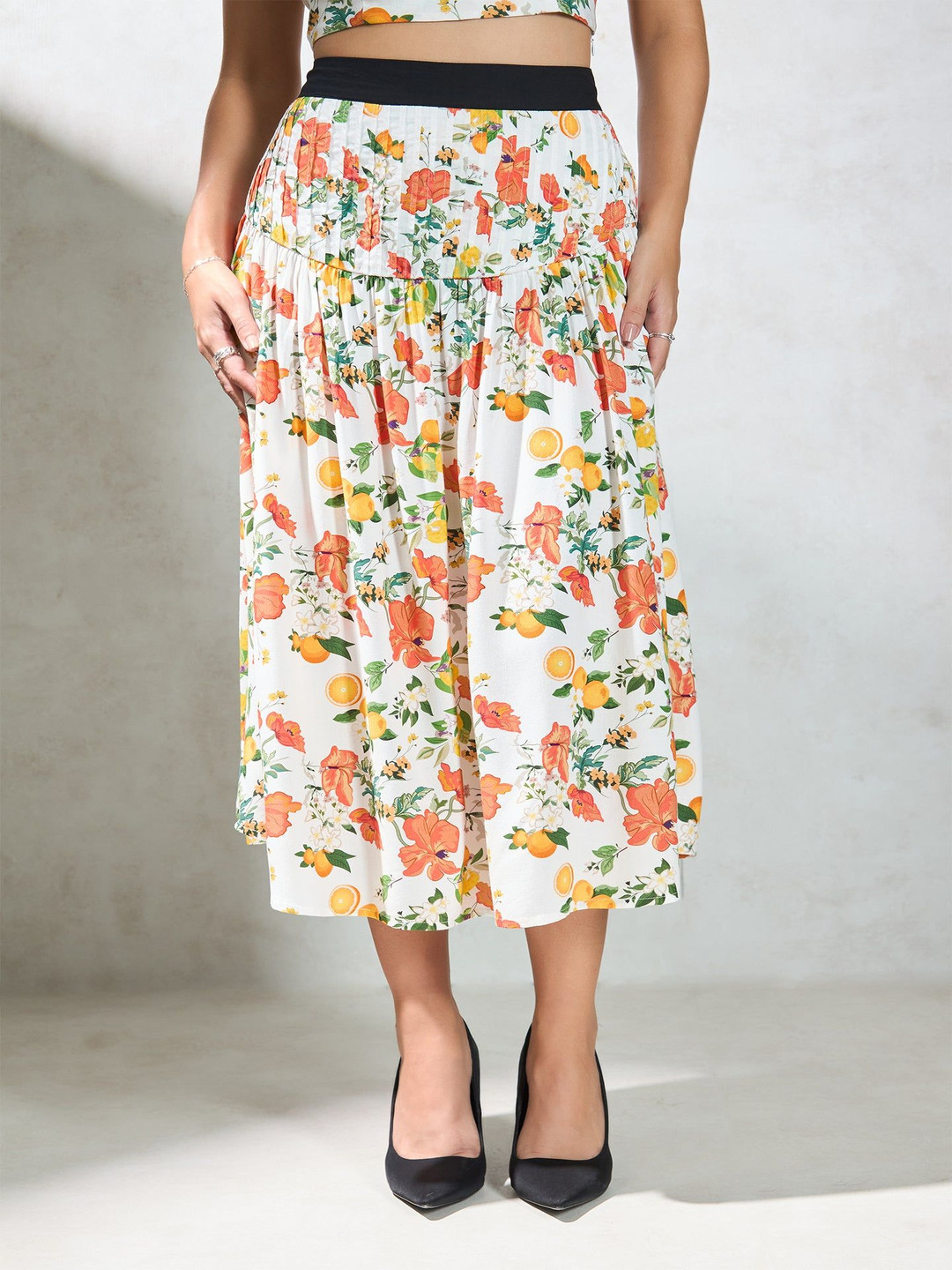 Virgio Pure Modal Floral Pintuck Skirt With Pleats