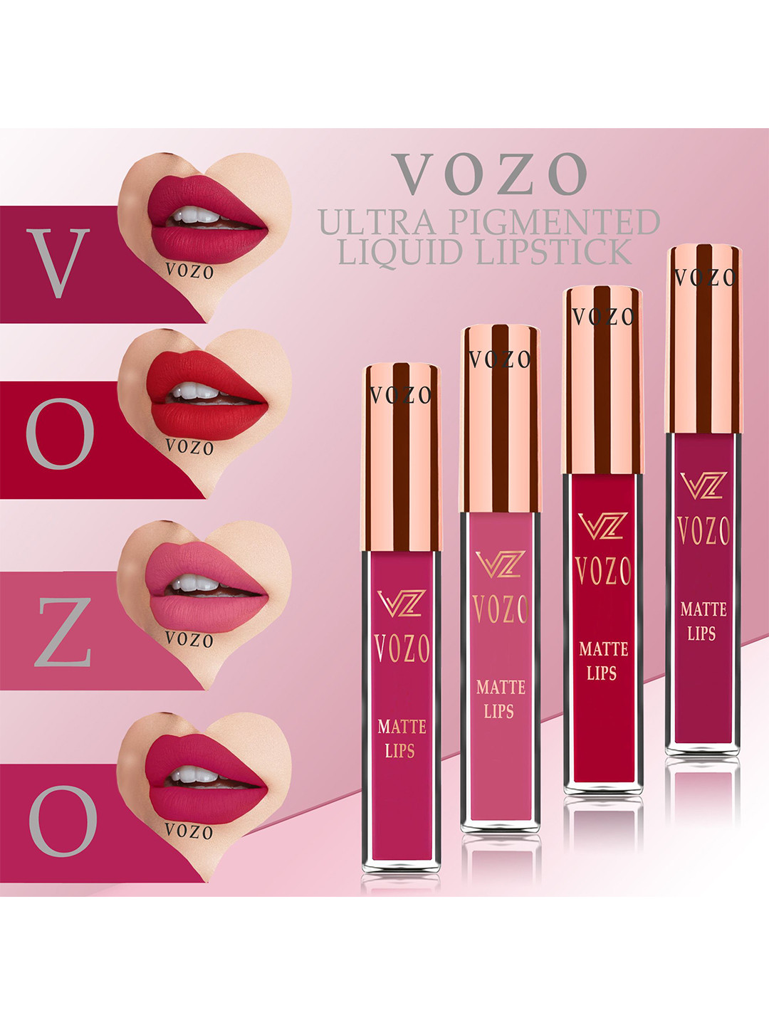 VOZO Set Of 4 Matte Lips Liquid Lipstick- Cherry Red101- Red104- Peach203- Magenta204