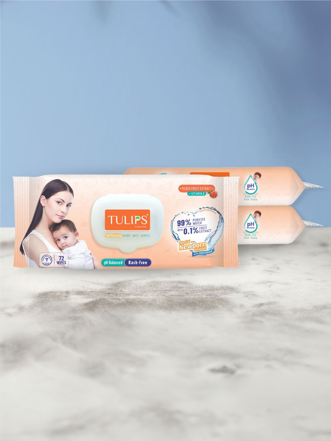 TULIPS Set Of 3 Sensitive Baby Wet Wipes With Peach Fruit Extracts& Vitamin E