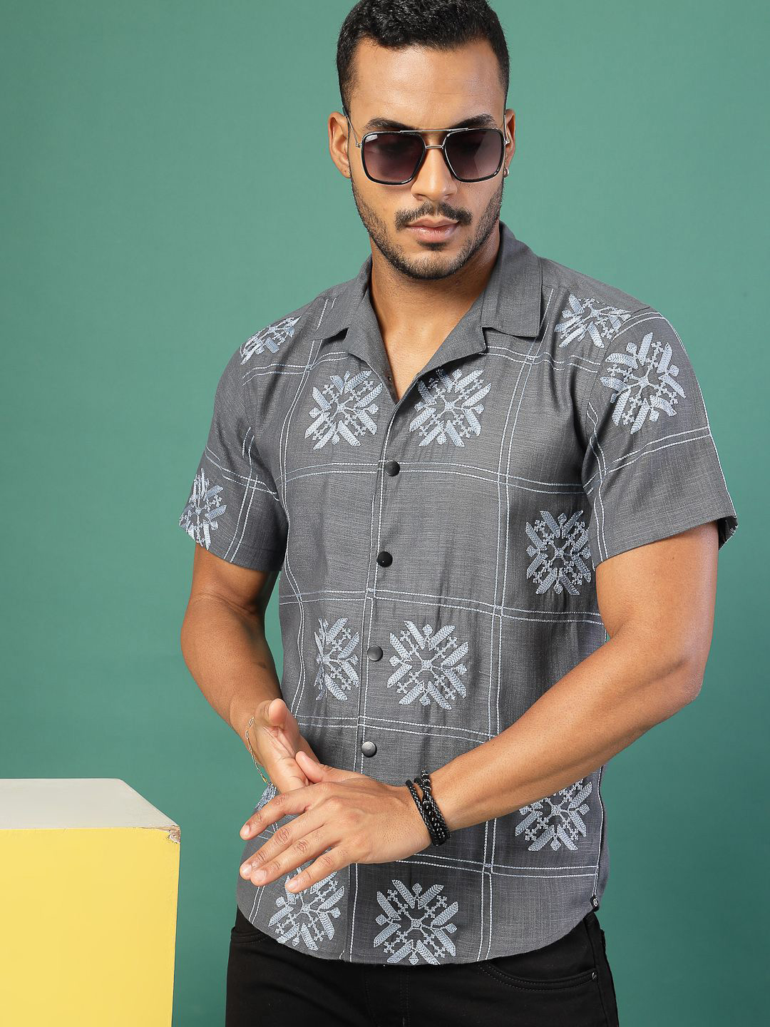 Rigo Men Comfort Cuban Collar Ethnic Motifs Printed Linen Casual Shirt