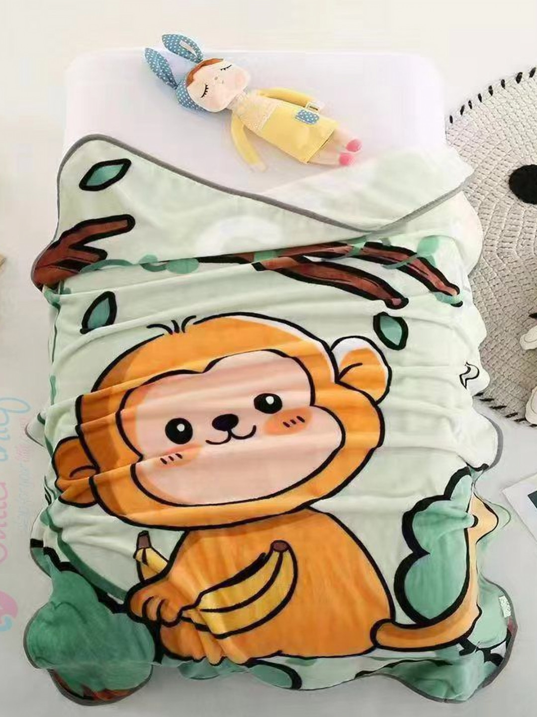 Butterthief Green & Brown Cartoon Characters AC Room 210 GSM Single Bed Blanket