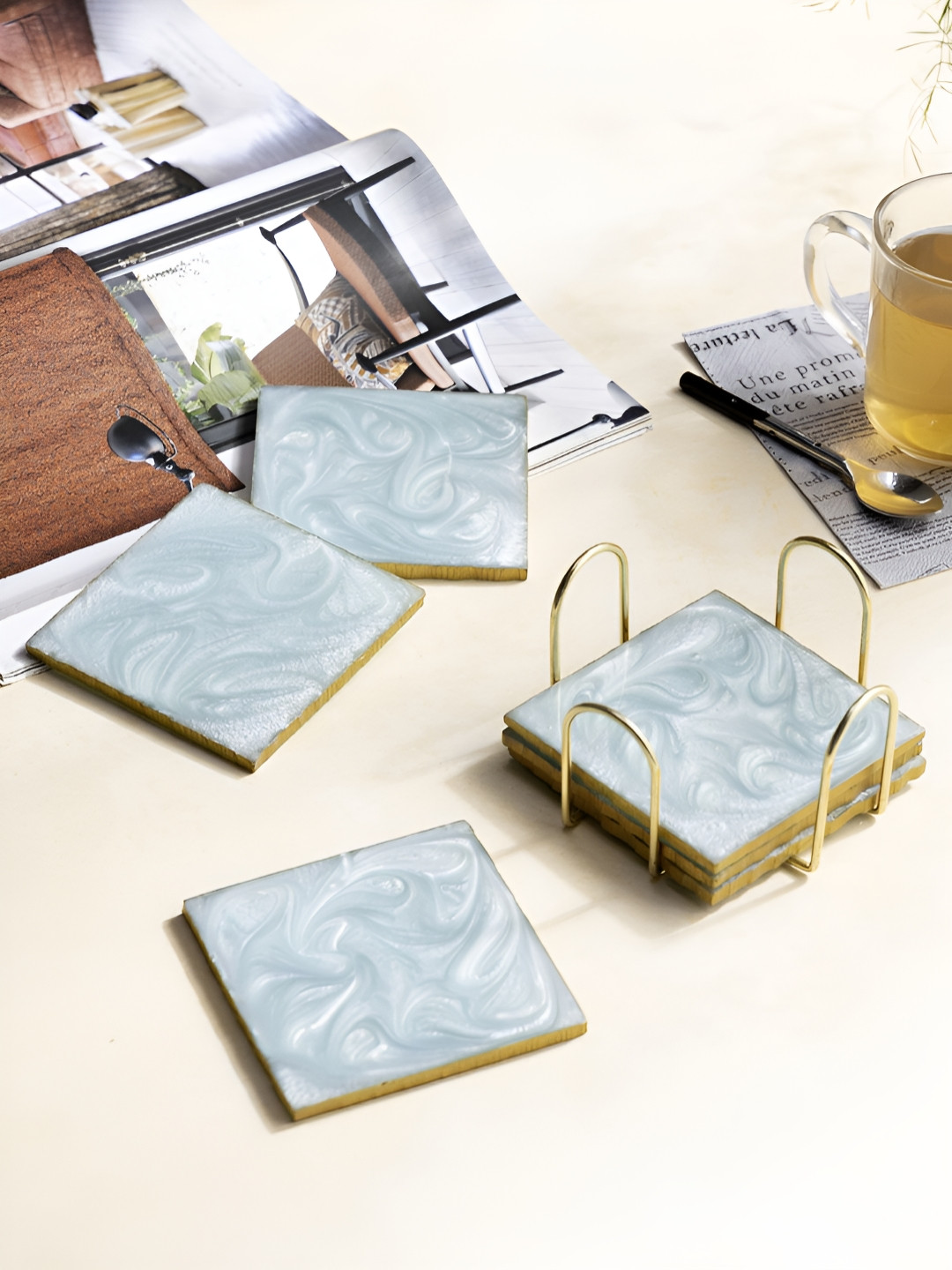 DULI Blue 6 Pieces Printed Square Coasters With Stand