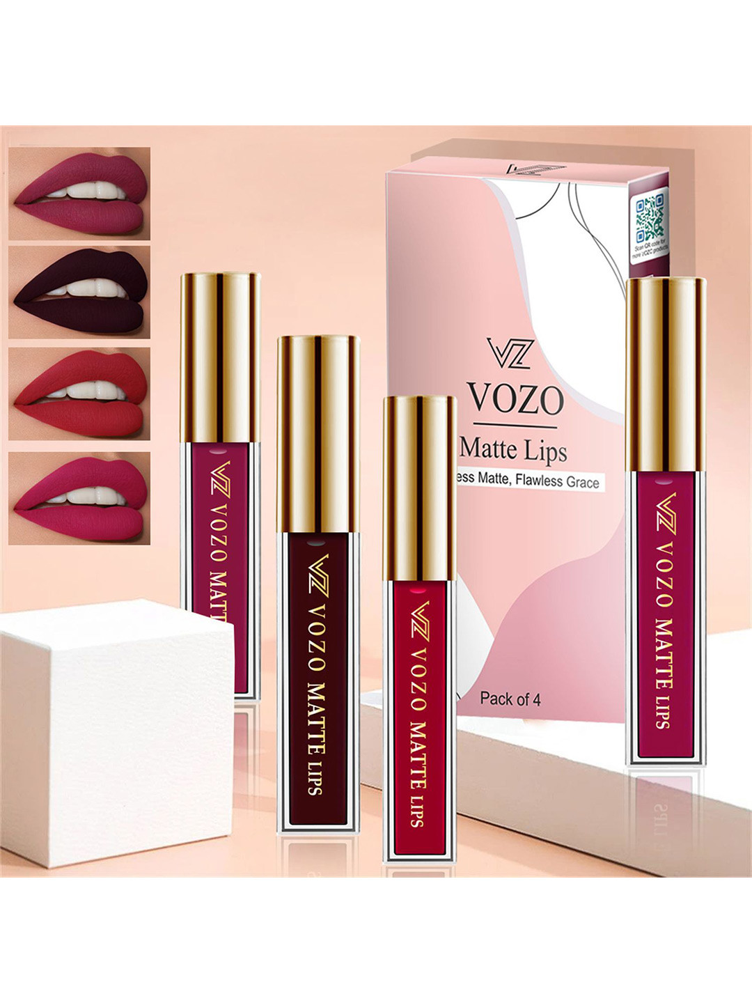 VOZO Set Of 4 Matte Lips Liquid Lipstick Cherry Red 101-Wine 102-Red104-Light Magenta