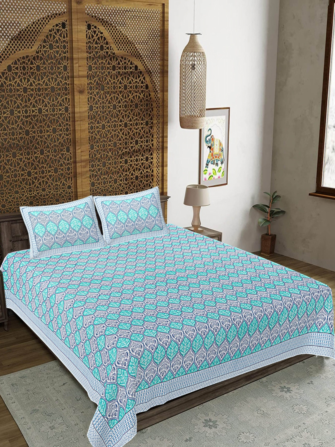 FrionKandy Living Turquoise Blue Floral Cotton 180 TC King Fine Bedsheet with 2 Pillow Covers-106 x 108 inches