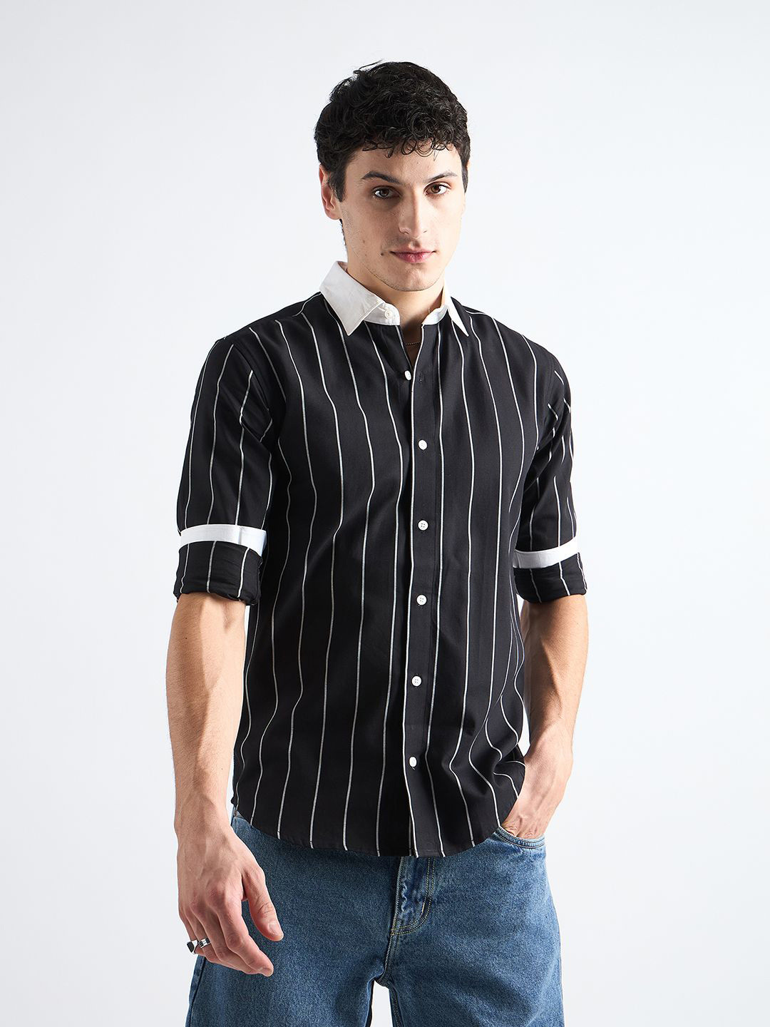 all yours Men Classic Slim Fit Pinstripes Opaque Striped Formal Shirt