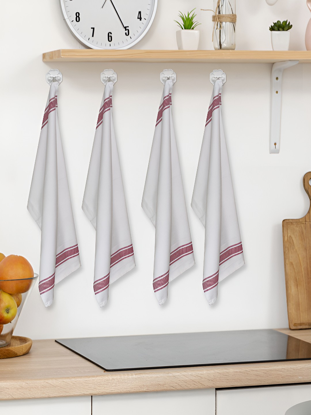 HOME COLORS.IN White & Maroon 4 Pieces Striped Pure Cotton Kitchen Towels