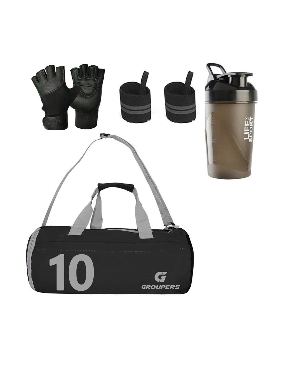 GROUPERS Printed Gym Duffel Bag with Wrist Band & Gloves with Shaker Bottle