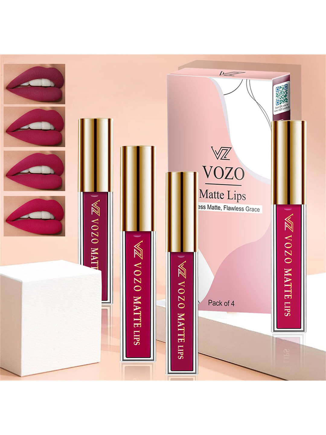 VOZO Set Of 4 Matte Lips Lipstick-Cherry Red101-Magenta105-Light Magenta106-Magenta204