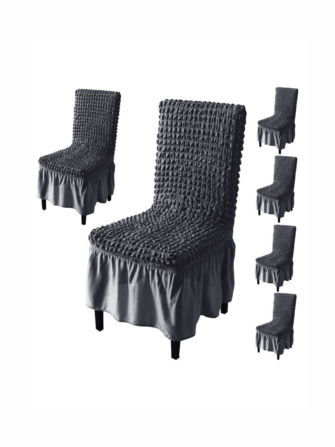 HOKIPO Grey 6 Pieces Textured Chair Covers With Frill