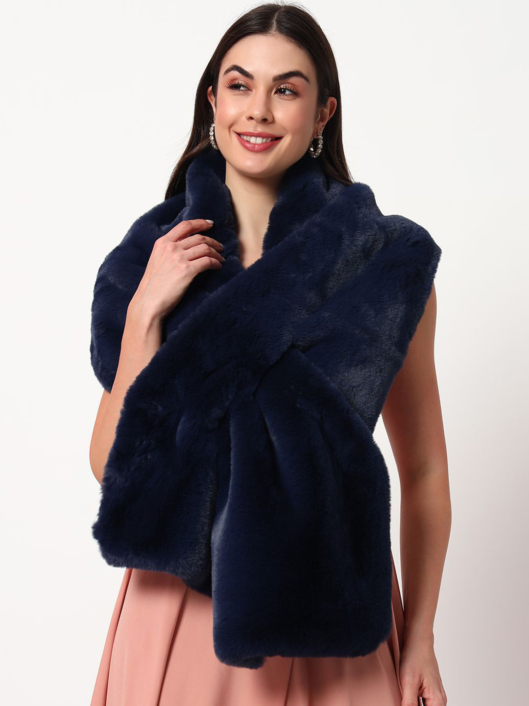 Beau Design Women Navy Blue Solid Faux Fur Wrap Stole