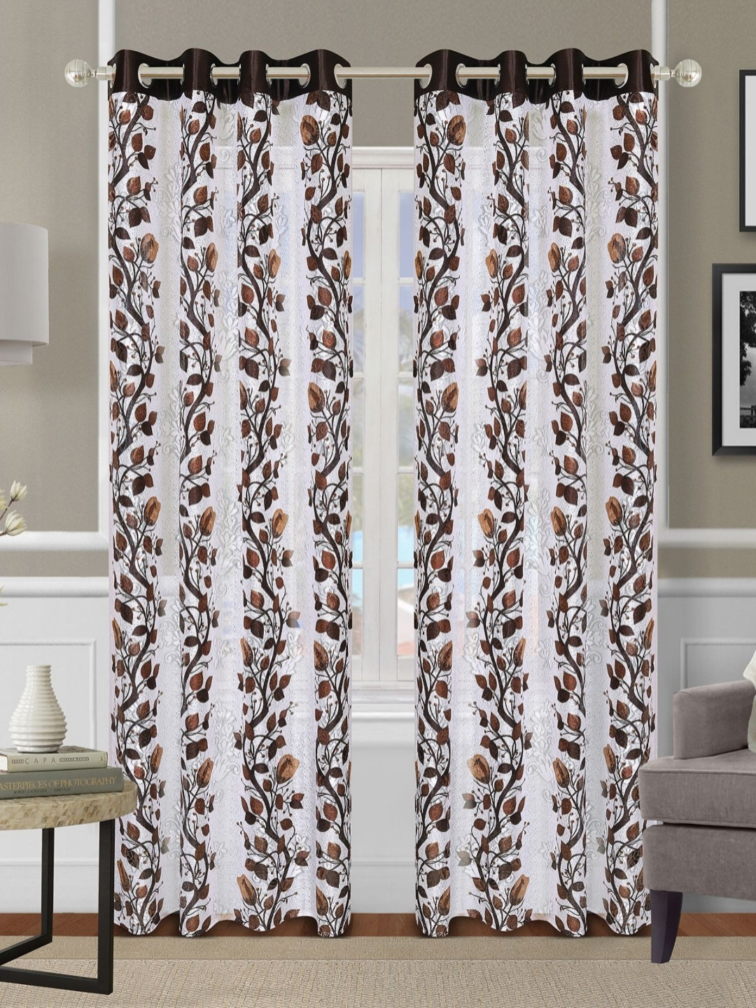 Myntra Elegant Homes Off White & Brown 2 Pieces Floral Semi Sheer Door Curtains