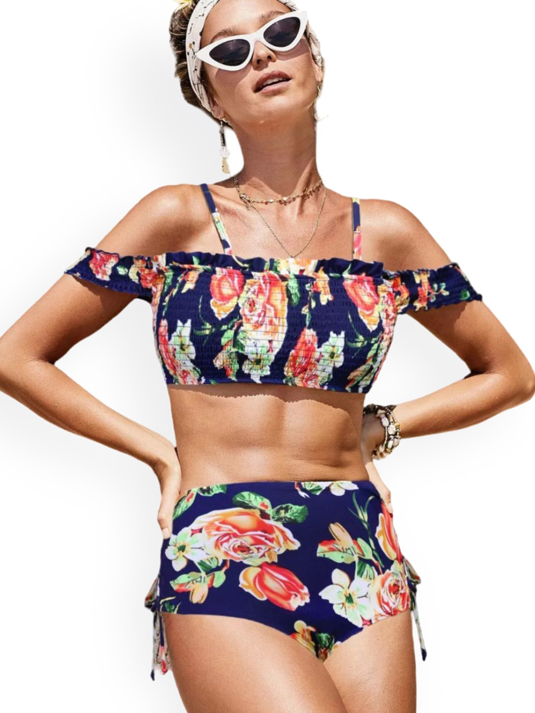 ANGEL CROSHET Floral Printed Off-Shoulder Swim Bikini Set