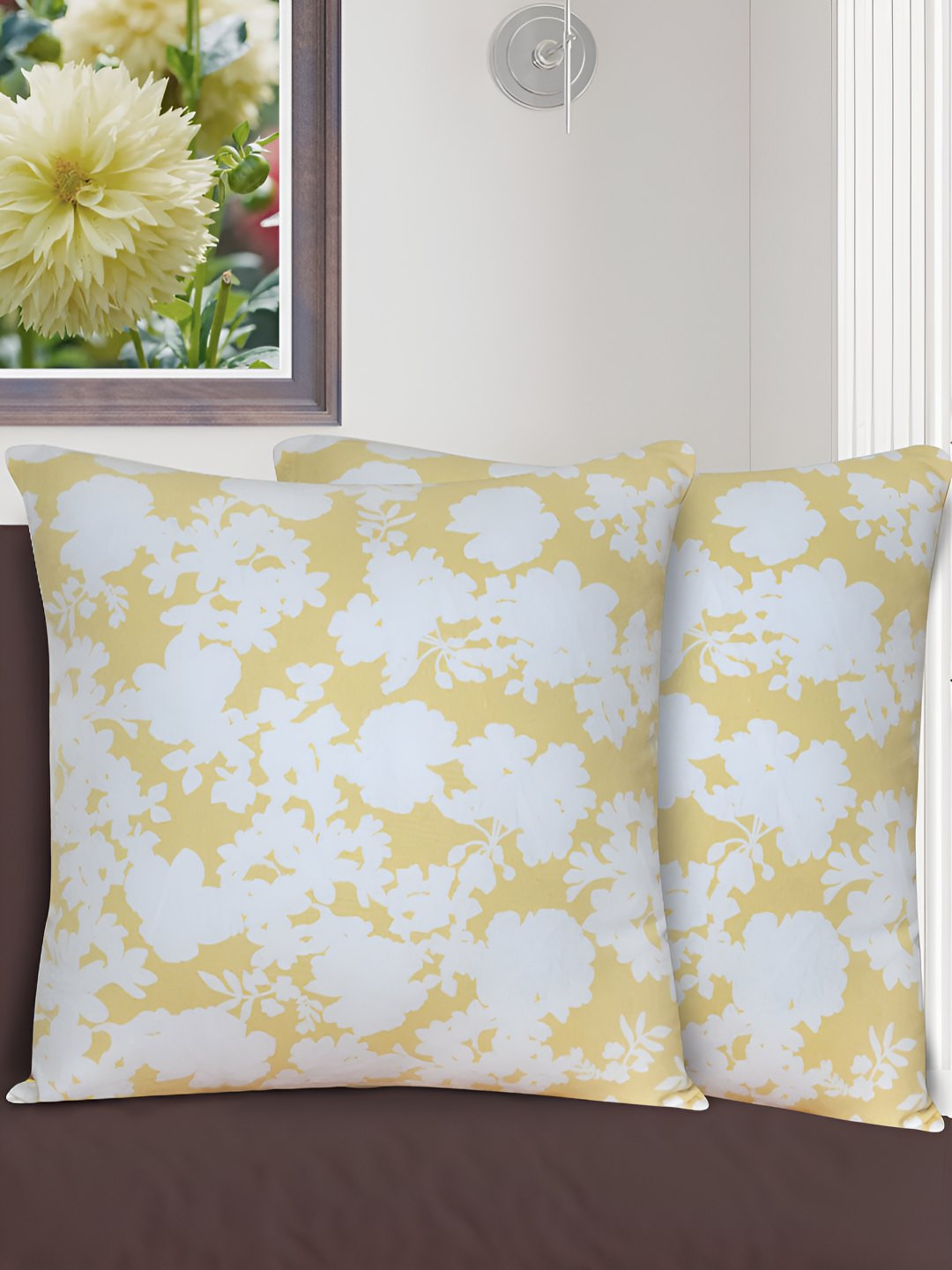 HOME COLORS.IN Yellow & White 2 Pieces Floral Square Cotton Cushion Covers