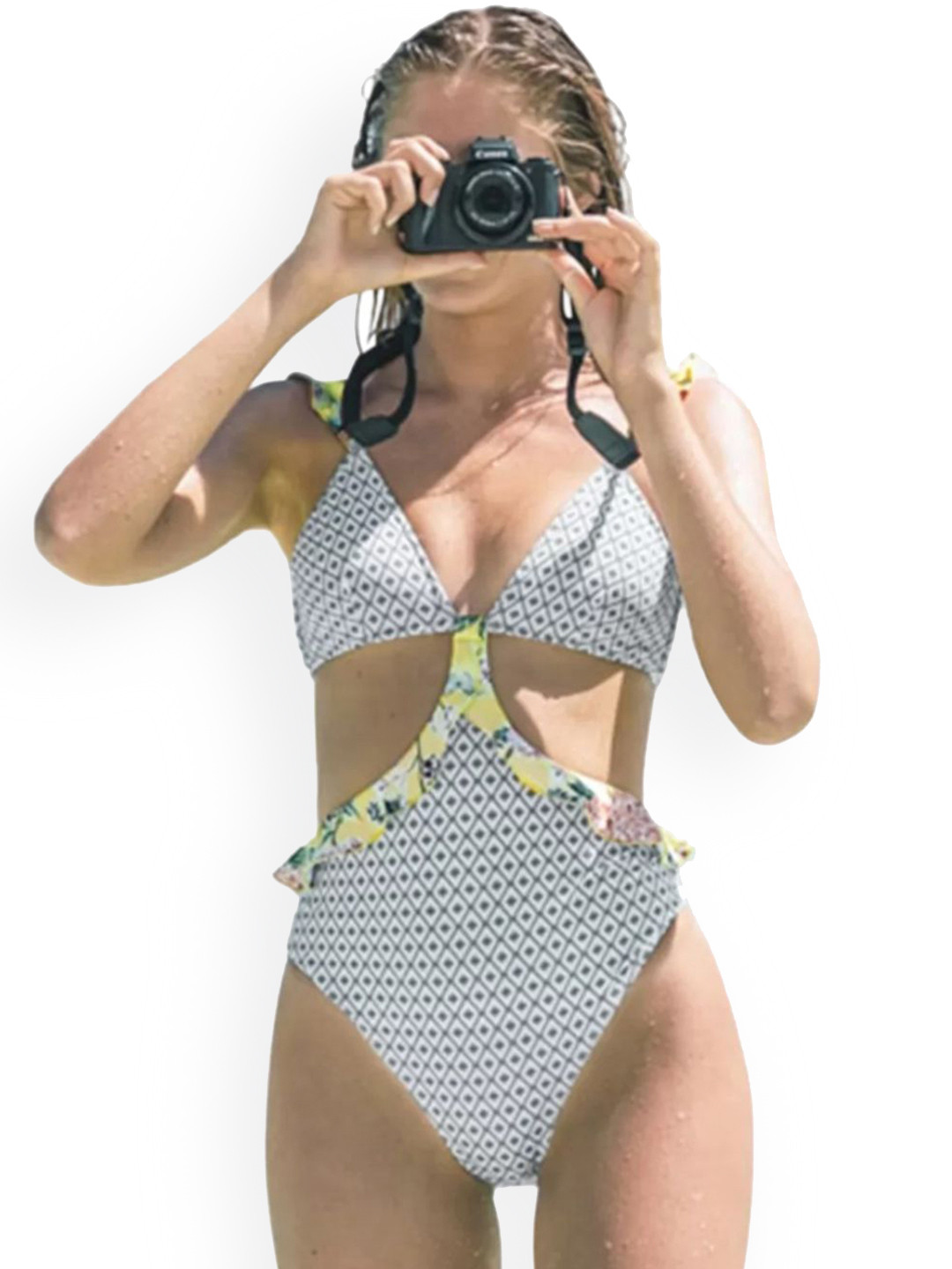 ANGEL CROSHET Women Geometric Printed Ruffles Cutout Monokini Bodysuit