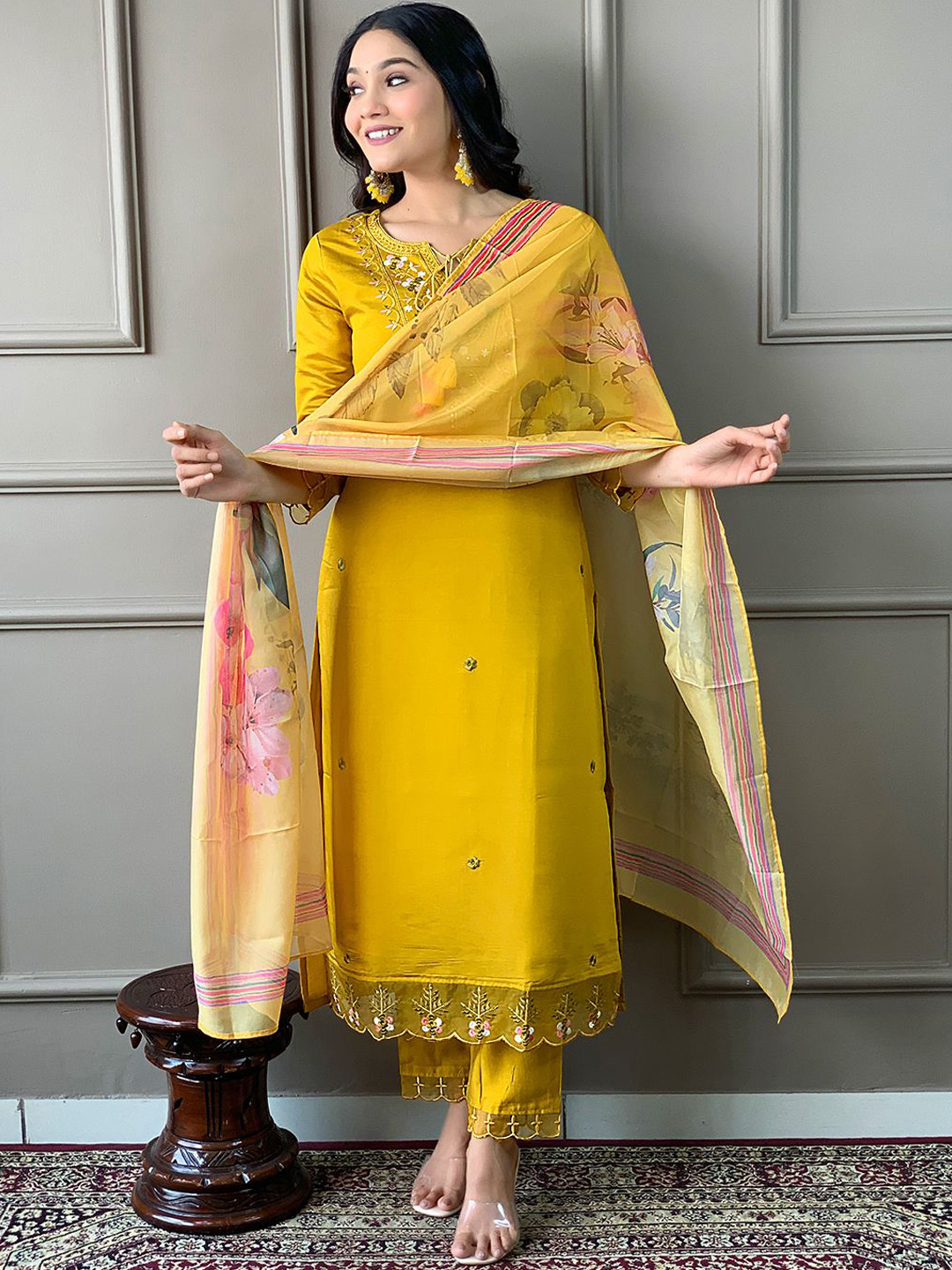 S.K.C Ethnic Motifs Embroidered Sequinned Chanderi Cotton Kurta With Trouser & Dupatta