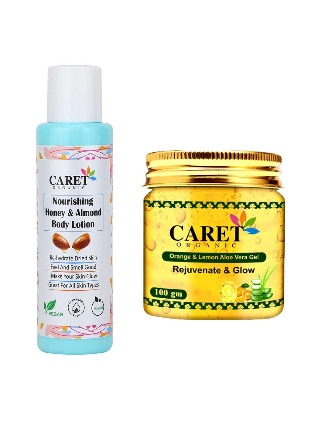 CARET ORGANIC Set Of 2 Aloevera Gel-100g & Almond Body Lotion-100ml
