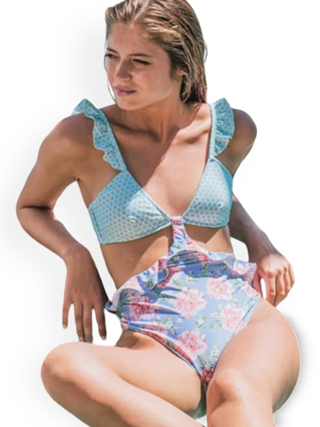 ANGEL CROSHET Printed Ruffle Cutout Monokini