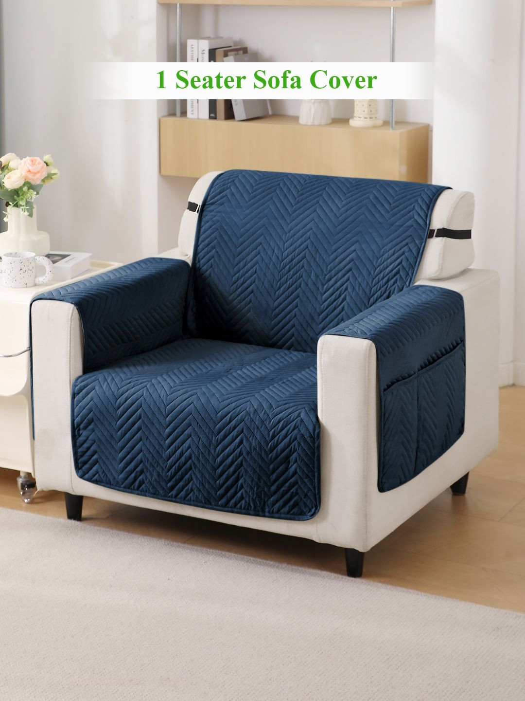 HOKIPO Navy Blue 1 Seater Sofa Cover With Arms
