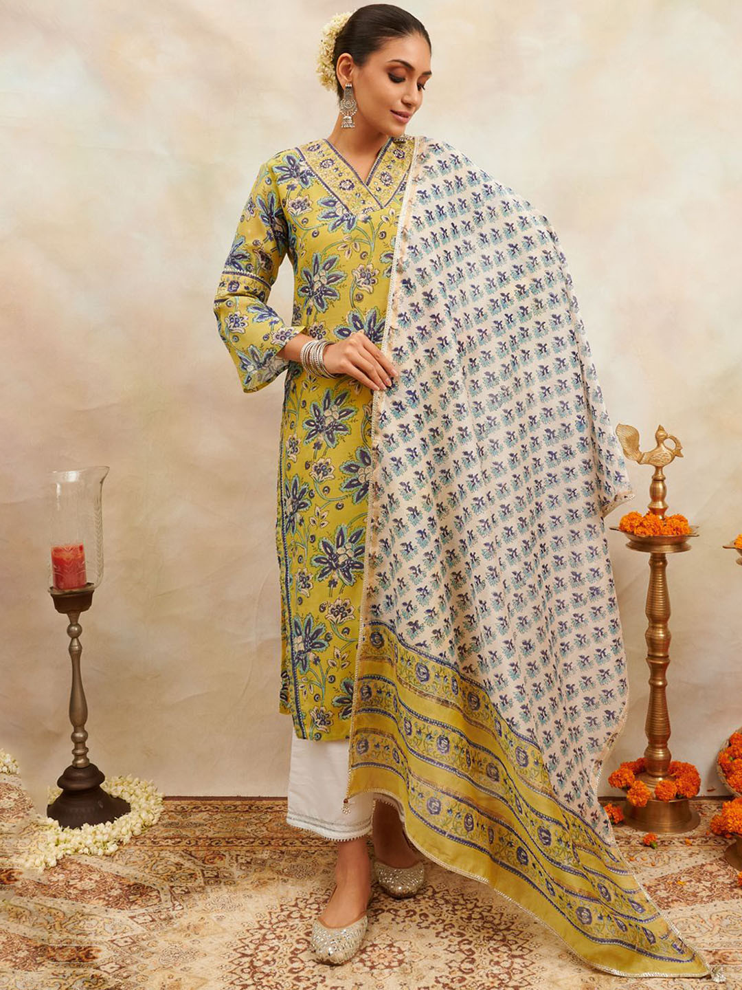 Tahiliya Green Block Printed Chanderi Silk Kurta
