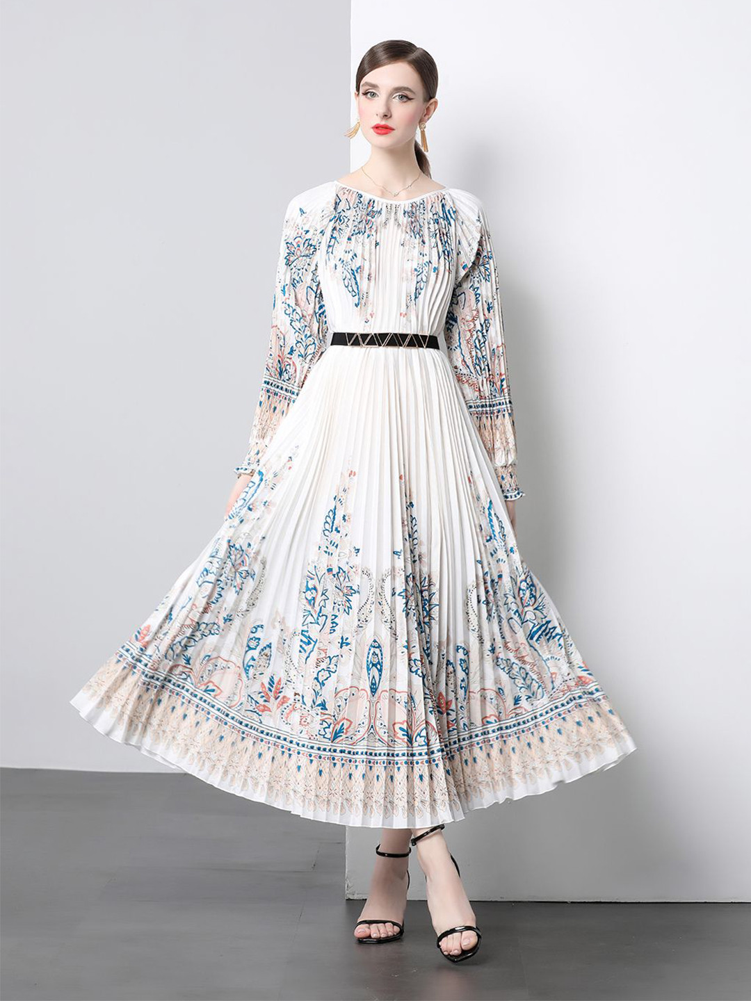 JC Collection Women Floral Printed Boat Neck Long Sleeve Maxi Dress