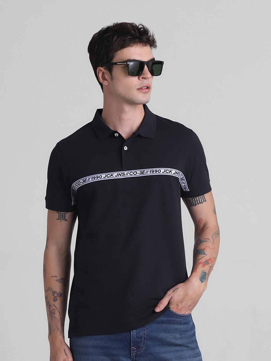 Jack & Jones Brand Logo Printed Cotton Polo Collar Short Sleeves Pockets Slim Fit T-shirt