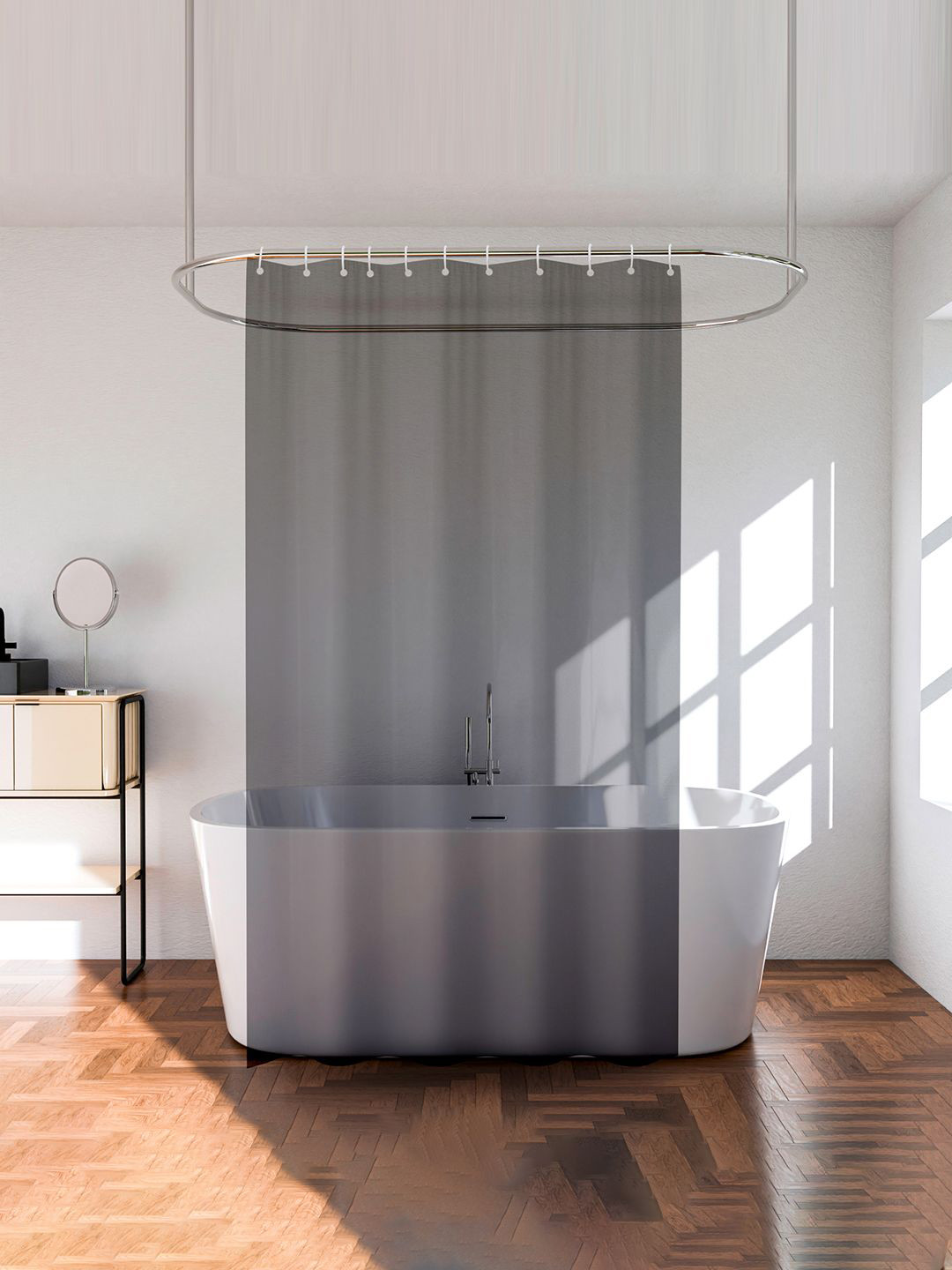 Kuber Industries Black & Transparent Shower Curtain With 8 Rings