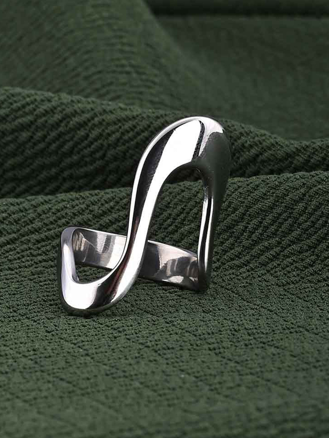 PALMONAS Silver-Plated Stainless Steel Curved Finger Ring