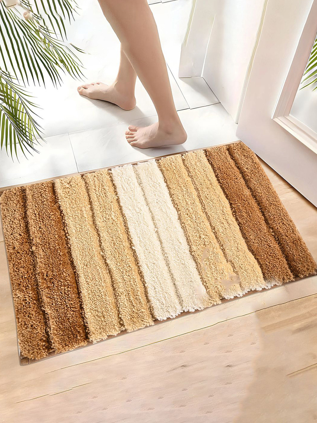 Kuber Industries Cream-Color & Brown 24x16 Inche Rectangle Anti Skid & Super Soft Door Mat