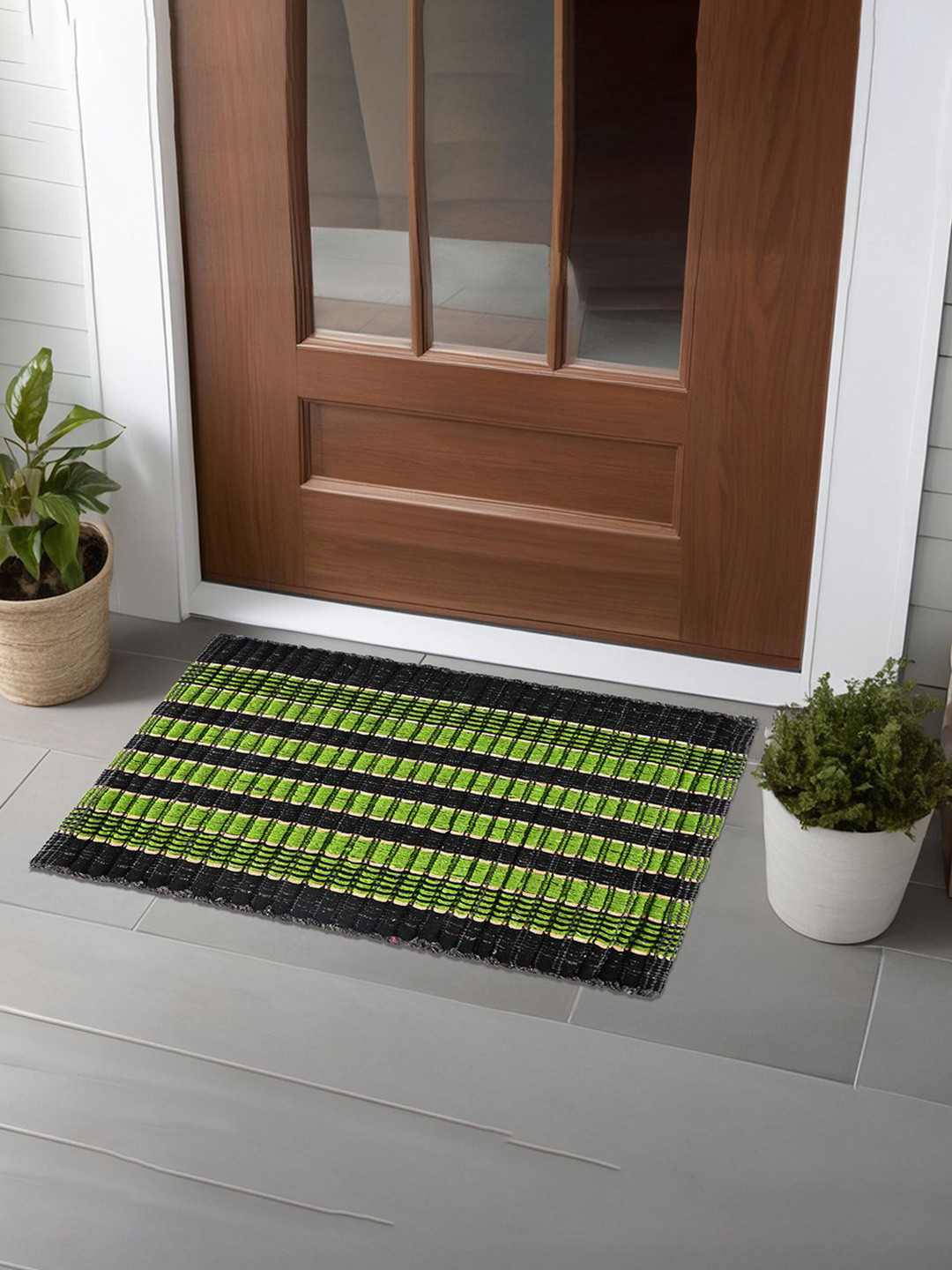 Kuber Industries Green & Black 6 Pieces Cotton Anti-Slip Doormats
