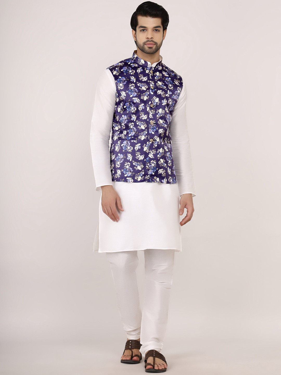 Sadree Band Collar Straight Dupion Silk Kurta With Churidar & Nehru jacket