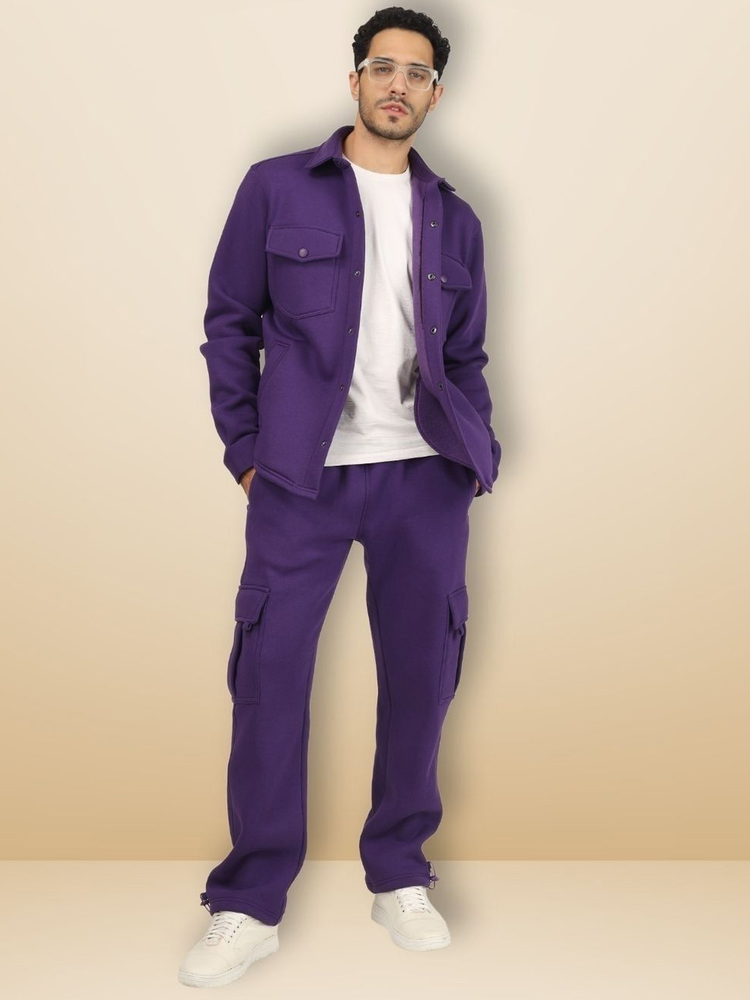 WEARDUDS Long Sleeves Cotton Fleece Shirt With Oversized Cargo Trousers