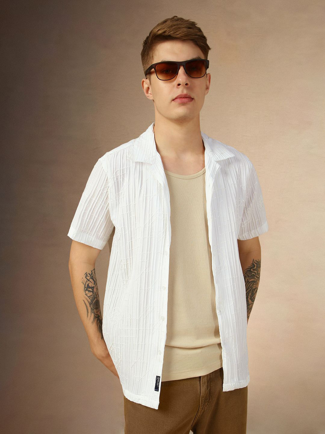 Dennis Lingo Textured Cuban Collar Embroidered Linen Casual Shirt