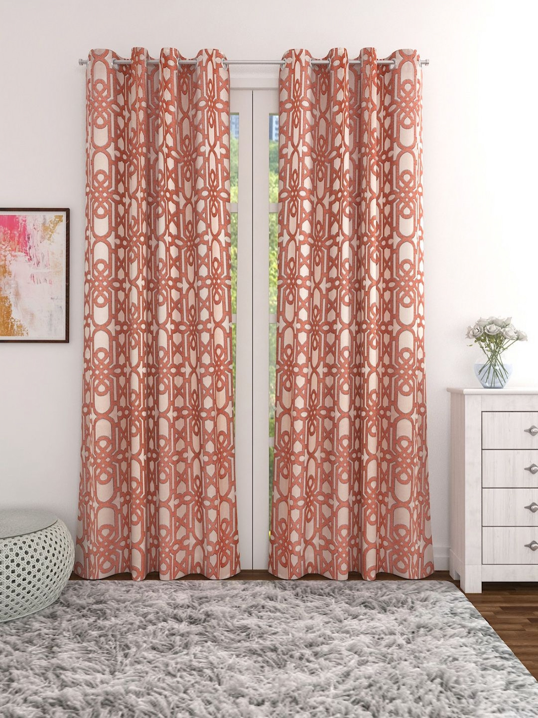 Myntra Elegant Homes Orange & Beige 2 Pieces Geometric Room Darkening Door Curtains