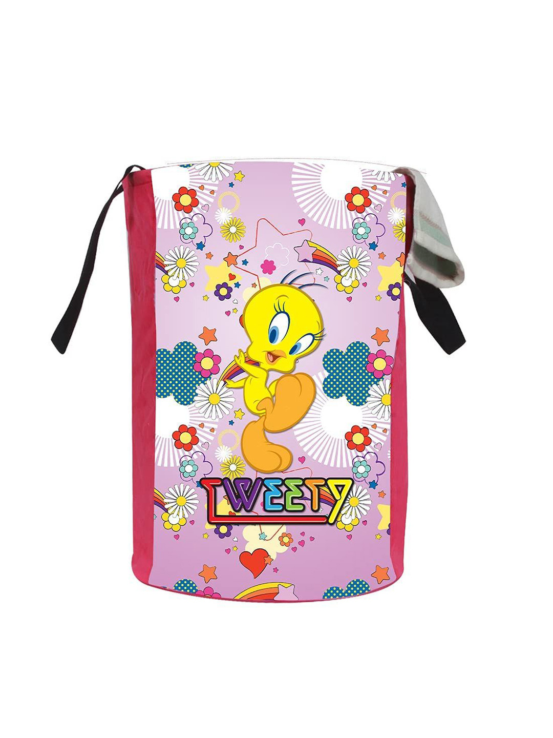 prettykrafts Pink & Red Tweety Printed Foldable Laundry Bag With Handle  45L