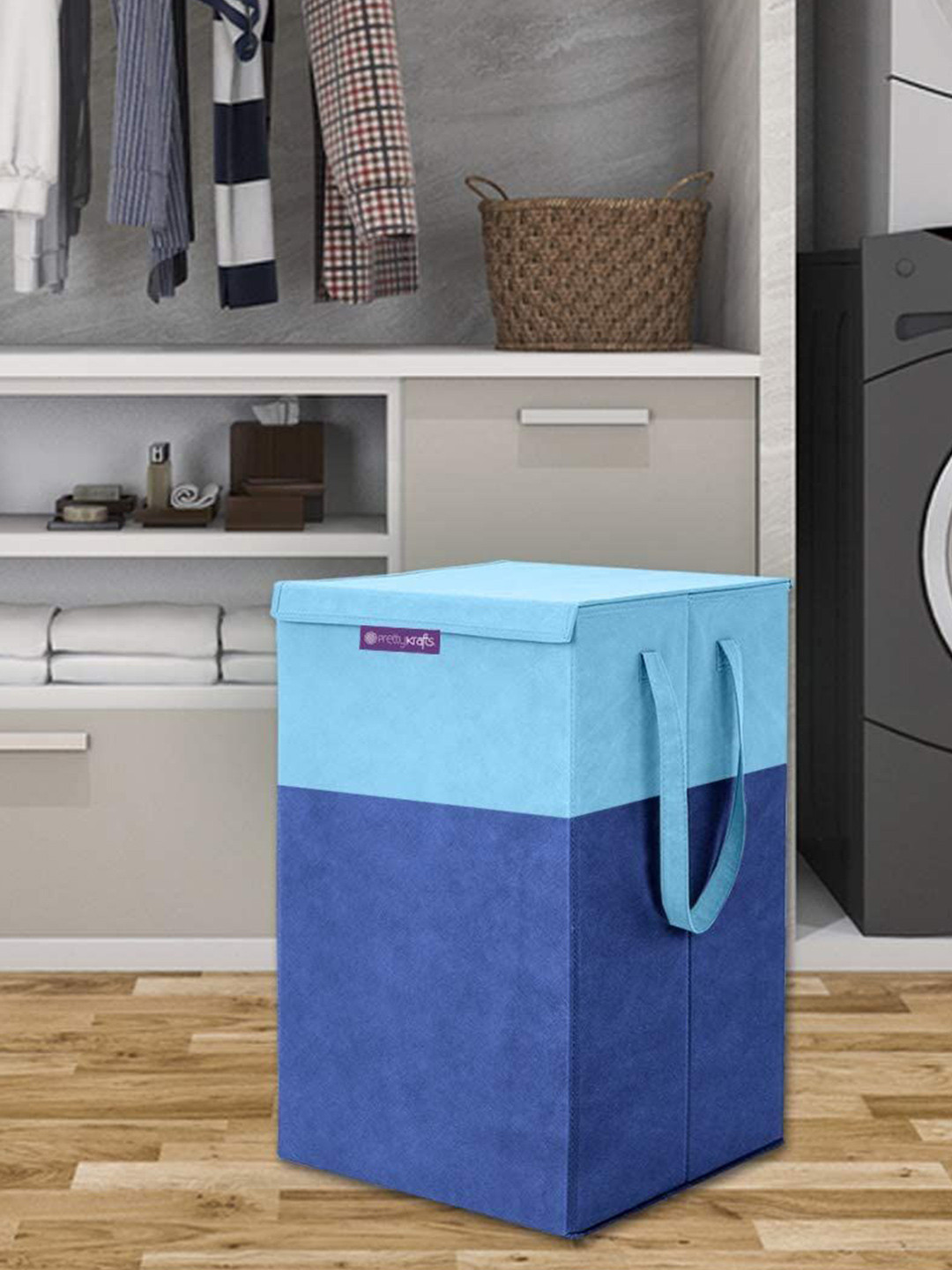 Prettykrafts Blue & Navy Blue Foldable Laundry Bag With Lid