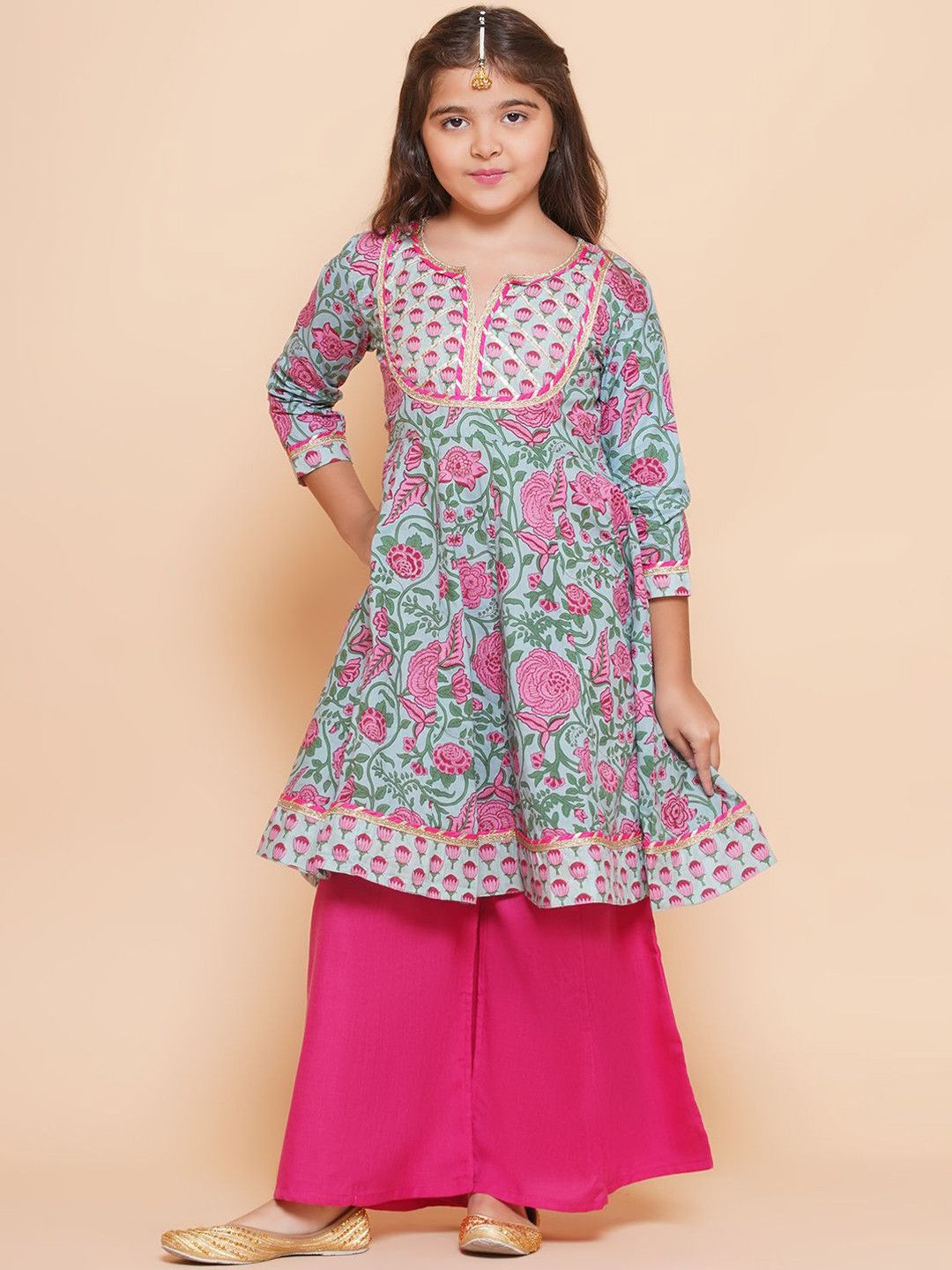 Bitiya by Bhama Girls Floral Printed Empire Gotta Patti Pure Cotton Kurta with Sharara