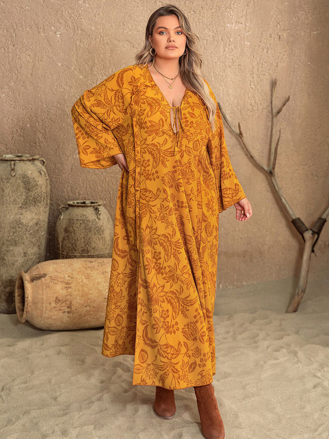 JC Mode Women Tropical Printed Tie-Up Neck Long Sleeves Kaftan Maxi Dress