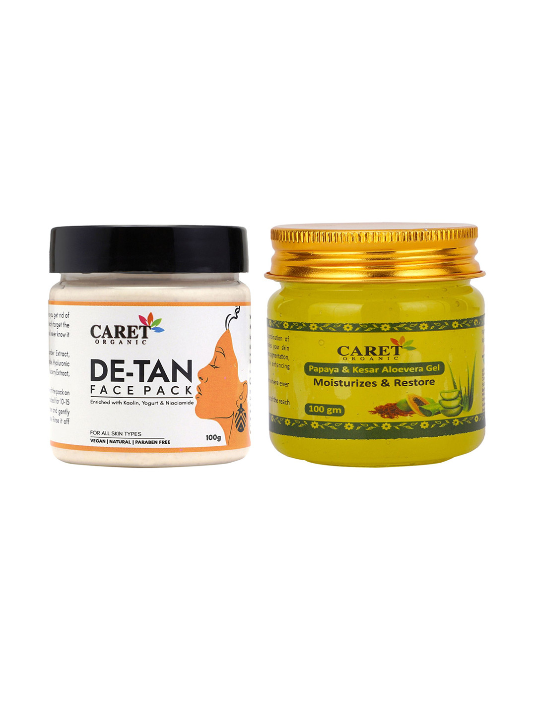 CARET ORGANIC Set Of 2 Aloevera Gel - 100 g & De-Tan Face Pack - 100 g