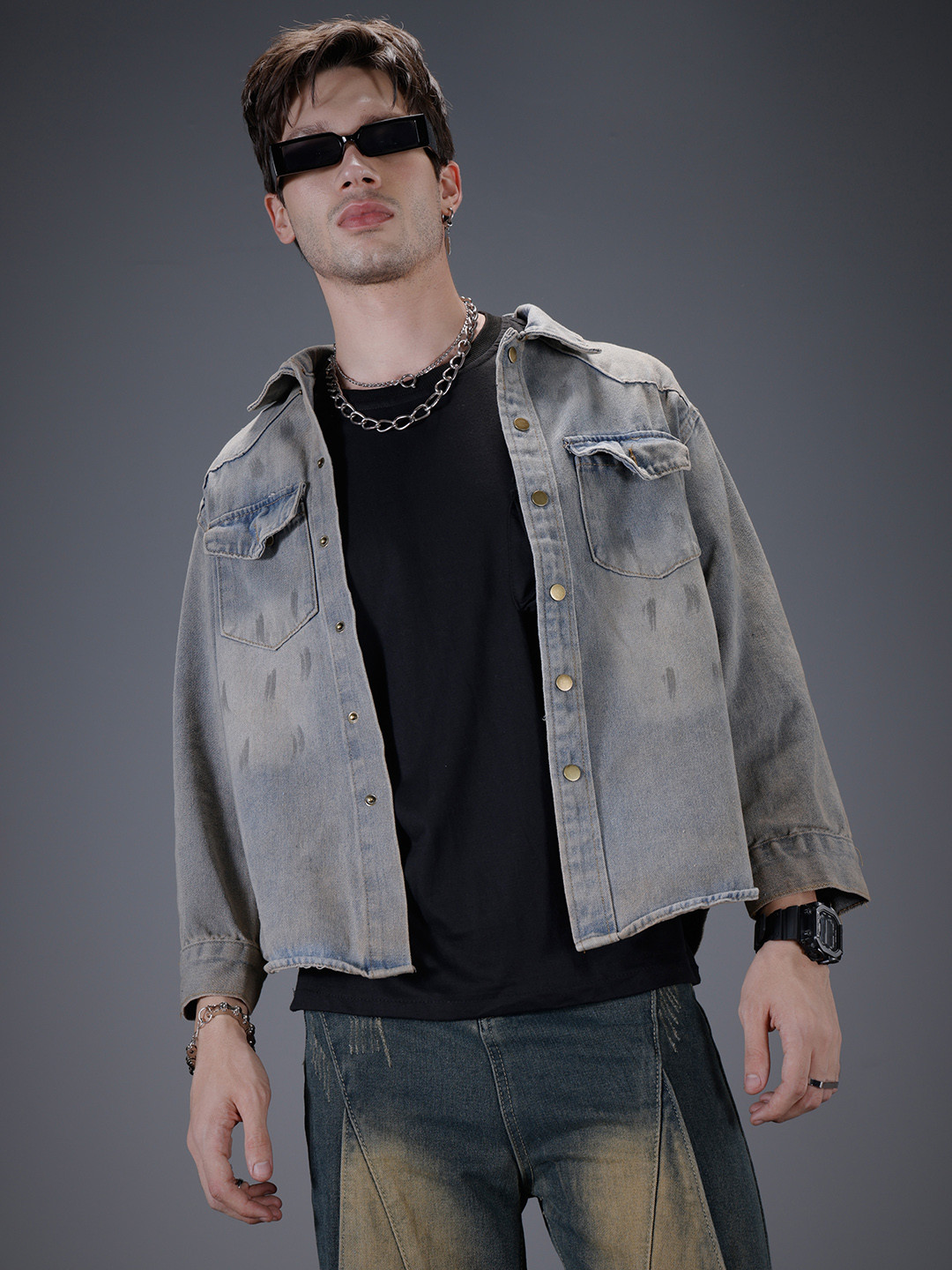 SOKO STREET Opaque Faded Relaxed Fit Casual Denim Shirt