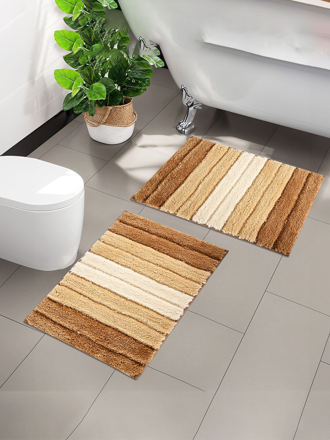 Kuber Industries Cream-Color & Brown 2 Pieces Textured Microfiber Anti-Slip Doormats