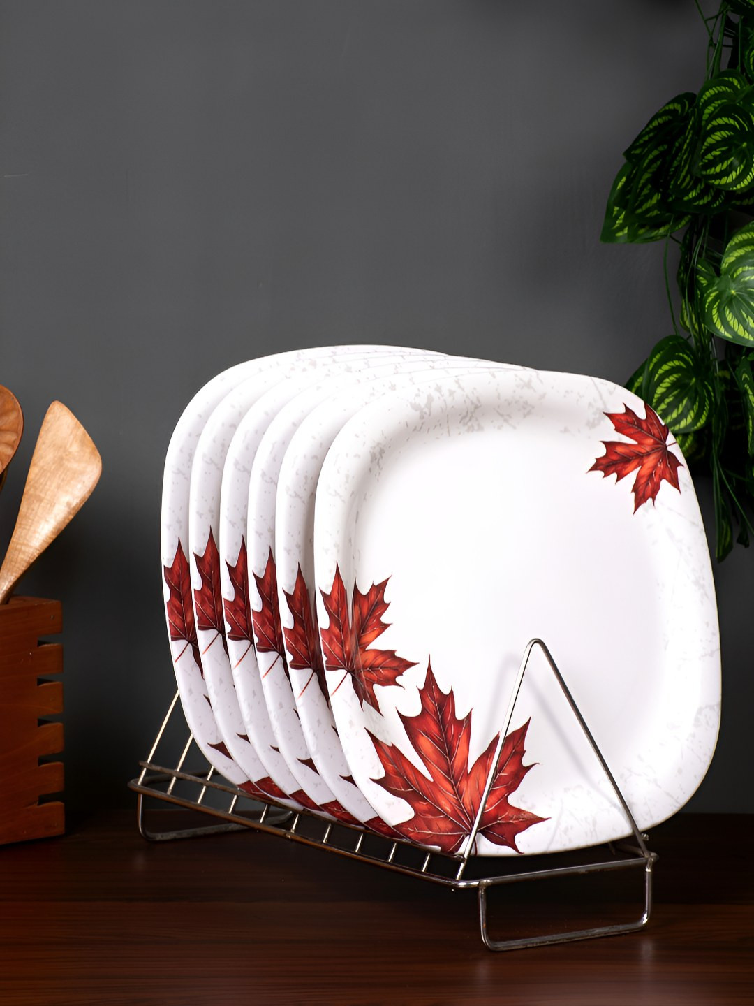 Golden Fish White & Red 6 Pieces Floral Printed Melamine Easy to Clean Dinner Plates