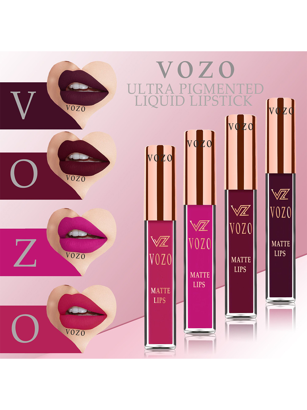 VOZO Set Of 4 Stay-All-Day Matte Liquid Lipstick-Wine 102-Maroon 103-Peach 202-Magenta 204