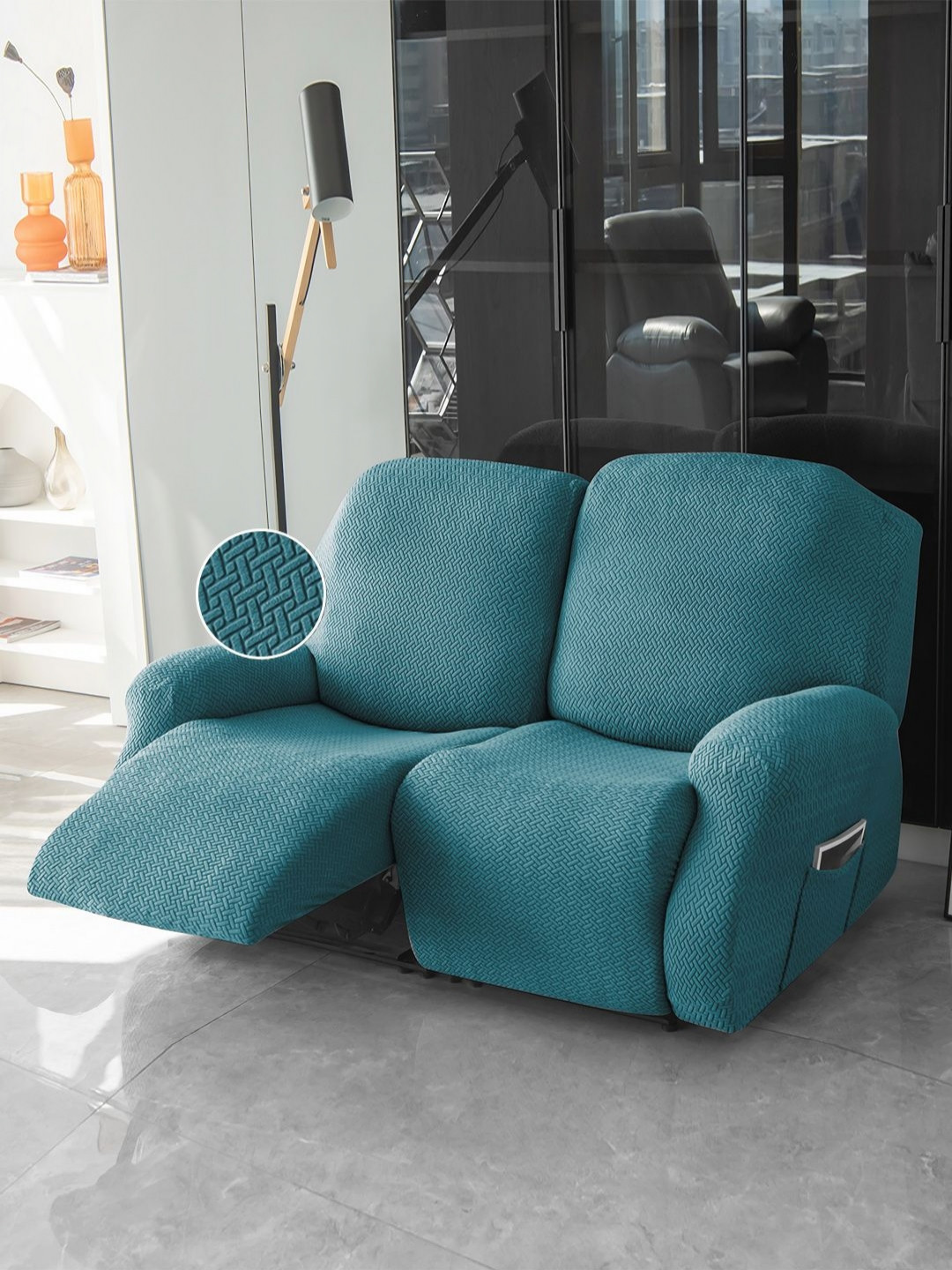 HOKIPO Blue 2 Seater Jacquard Sofa Cover With Arms