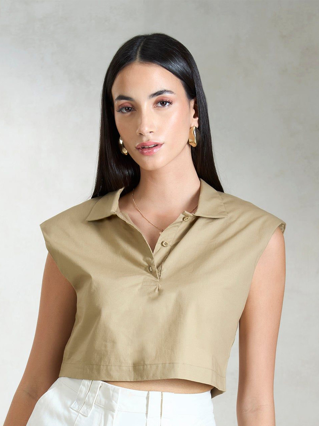 Virgio Women Pure Cotton Crop Shirt With Padded Shoulder