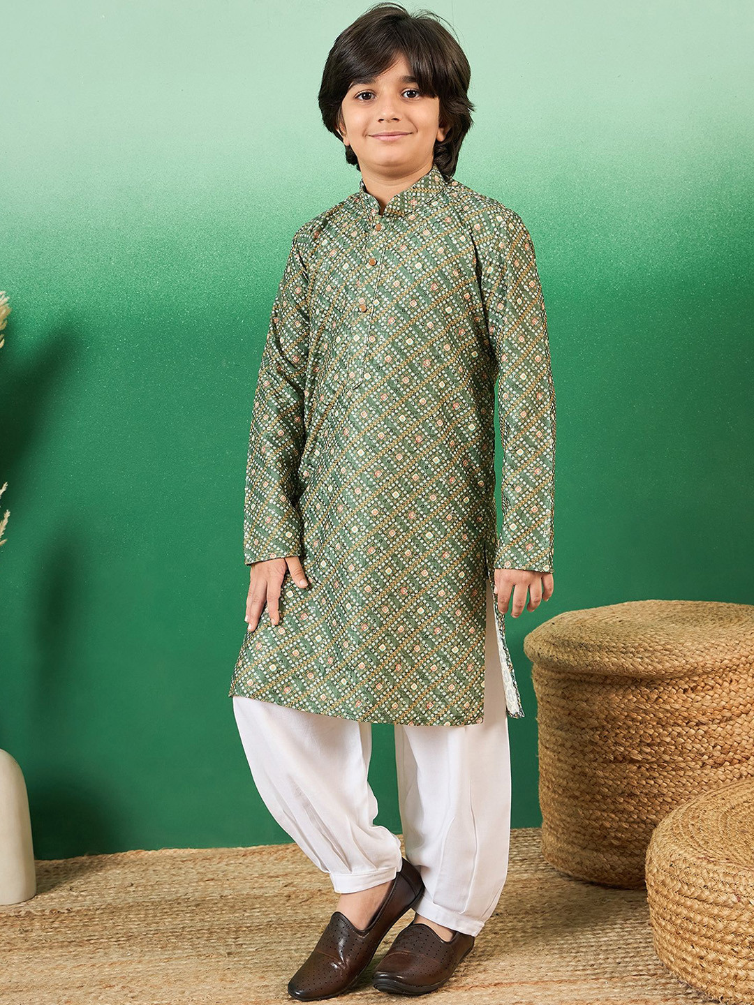Boys Printed With Sequin Cotton Kurta With Patiala