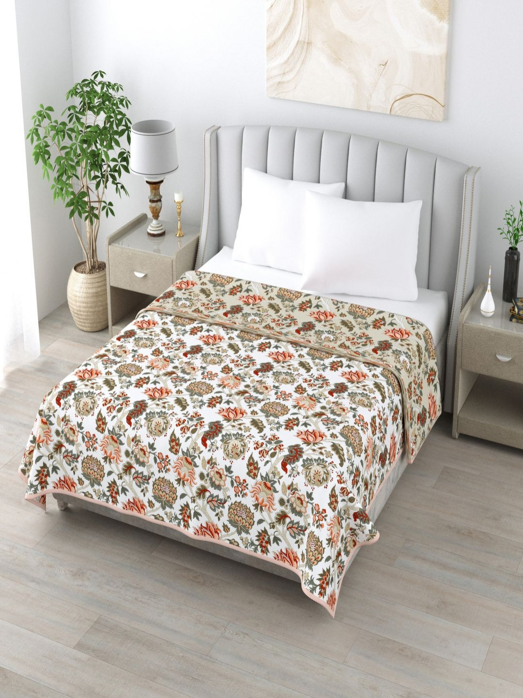 Qfab Cream-Coloured Floral Reversible Mild Winter 210 GSM Double Bed Dohar