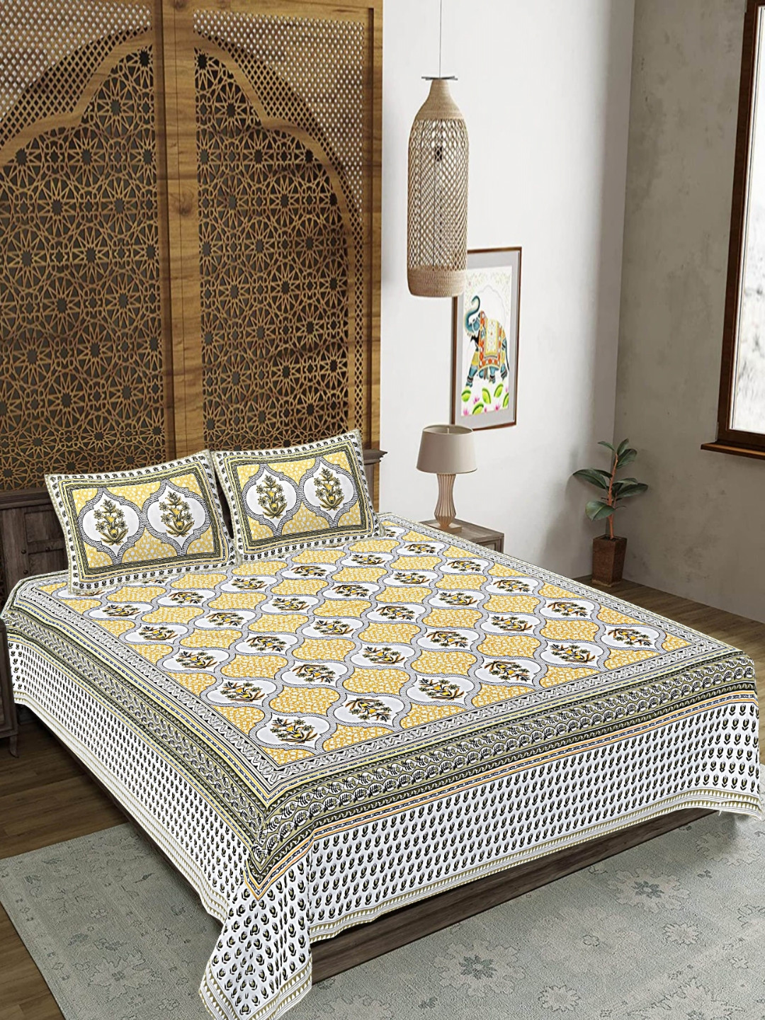 FrionKandy Living Yellow Floral Cotton 180 TC King Fine Bedsheet with 2 Pillow Covers-106 x 108 inches