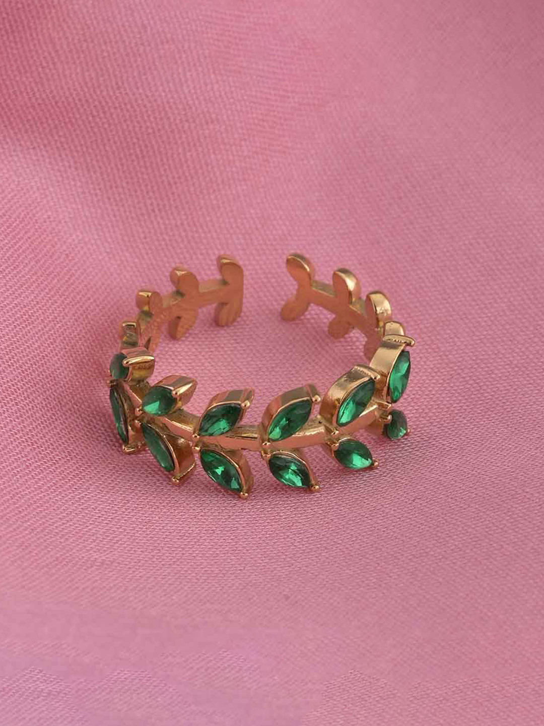 PALMONAS Gold-Plated Stainless Steel Cubic Zirconia Strone-Studded Leaf Shaped Finger Ring